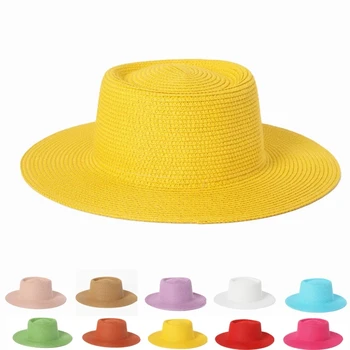 Kadın Yaz Sarı Hasır Şapka Geniş fötr şapka Güneş plaj şapkası Porkpie Şapka düz üst düz ağız silindir şapka açık  5