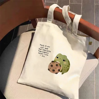 Moda Rahat Minimalist Tarzı Kurbağa Sanat Baskı omuz çantaları Tuval Tote Çanta Alışveriş Çantası Kadın Tasarımcı Çanta Kız Bolsa Tela  5