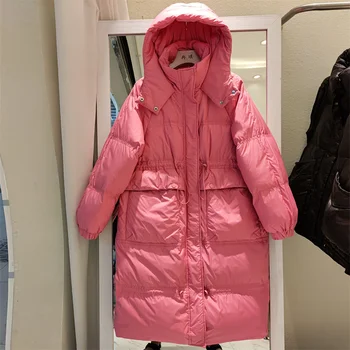 Kış Orta uzunlukta Kadın balon ceket Gevşek Rahat Kapşonlu Parkas Kore Standı Yaka Cep Kadın Sıcak Beyaz Ördek Aşağı Ceket  10