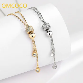 QMCOCO Gümüş Renk Silindirik Şekil Zirkon Yuvarlak Kolye Kolye Kadınlar Kız Için Trendy Zarif Düğün Güzel Takı Hediyeler  10