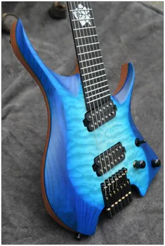 2021New Fanlı frets 7 Dizeleri Başsız Elektro Gitar mavi renk 5 katlı Kavrulmuş Akçaağaç Boyun Abanoz klavye kakma ile  3