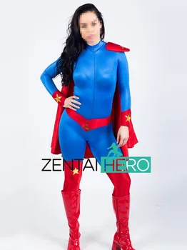 Seksi Mavi Süper Kahraman kadın Spandex Bodysuits Kız Lady Kahraman Zentai Catsuit Likra Leotard Pelerin ile  5