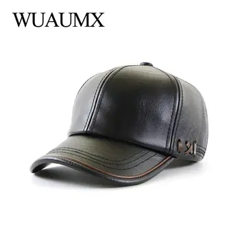 Wuaumx PU deri beyzbol şapkası Erkekler Katı Faux Deri Kap Sonbahar Kış erkek beyzbol şapkası Snapback kamyon şoförü şapkası gorras hombre  5