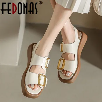 FEDONAS Klasik Kadın Yığın Yüksek Topuklu Sandalet Hakiki Deri Konfor rahat ayakkabılar Kadın Yaz Flats platform sandaletler  10