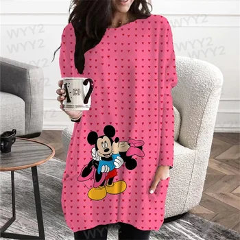 2022 kadın Yuvarlak Boyun Temel T Shirt Rahat Haftasonu 3d Disney Minnie Mickey Mouse Uzun kollu Sonbahar Ve kışlık kazak T Shirt  10