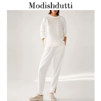Modishdutti 2022 Kadın Moda Basit O-boyun Kazak Kazak + Pantolon Takım Elbise Kadın Düz Uzun Kollu Pantolon İki Parçalı Set  5