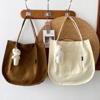 Kadınlar için kanvas çanta omuzdan askili çanta Düz Renk Bakkal Tote Basit Tasarımcı Kadın Çanta Kullanımlık Alışveriş Eko Alışveriş Çantaları  5