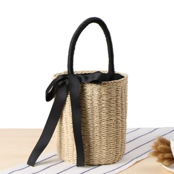 Yeni stil silindir hasır çanta koleji rüzgar yaz tatili dokuma çanta taşınabilir kova şerit retro moda boş çanta  5
