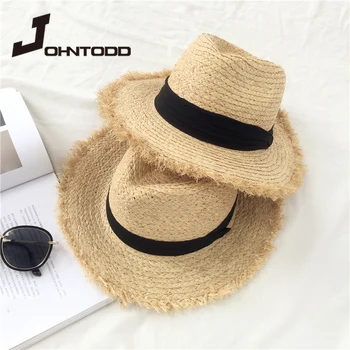 Doğal Büyük Geniş Brim disket şapka Rafya caz Hasır Şapka Kadın Yaz Saçak Plaj Kap el Örgü güneş şapkası toptan plaj şapkası  5