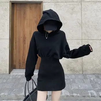 HOUZHOU Siyah Kapşonlu Mini Elbise Kadınlar Uzun Kollu Sonbahar Kış Rahat Kore Moda Elbiseler Yüksek Sokak Seksi Streetwear  2