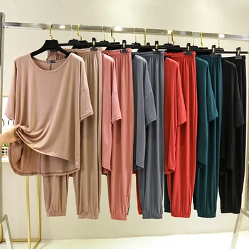 Modal Takım Elbise Kadın Yaz İnce Gevşek Yarım Kollu Gömlek T Shirt Kısa Kollu Üst Rahat pantolon İki Parçalı İç Çamaşırı Seti  2
