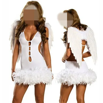 Popüler Siyah Beyaz Seksi Melek Kostüm Cadılar Bayramı Cosplay Lingerie Elbise Kadınlar Fallen Angel Kostüm Karnaval Parti Kostüm  5