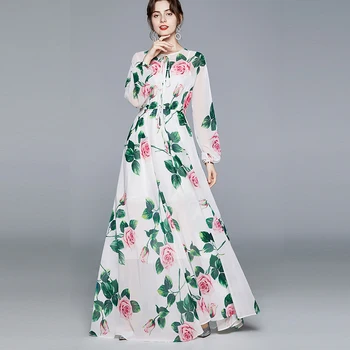2021 Yeni Bahar Sonbahar Kadınlar Lüks Pist Elbise Yüksek Kalite Muhteşem Retro Gül Çiçek Baskı Büyük Hem Şifon uzun elbise  1