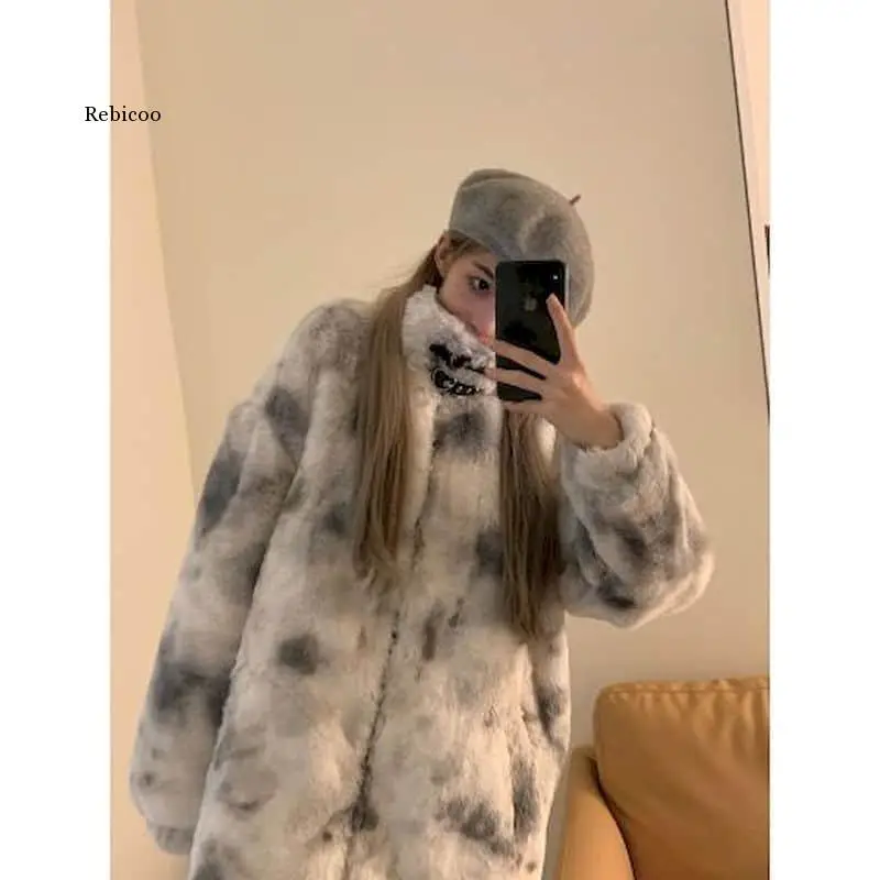 Kravat Boyalı Peluş Ceket Kadın Kalın Gevşek Kış Giysileri Yeni Kore Kuzu Yün Ceket Trendi