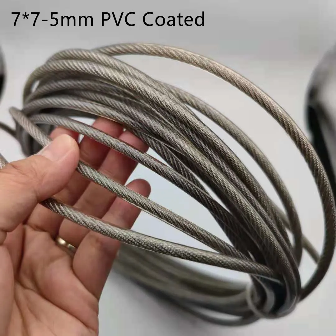 PVC Kaplama 10M / 20M/30M 3mm / 5mm 7X7 İnşaat 304 paslanmaz çelik tel halat Yumuşak Balıkçılık Kaldırma Kablosu