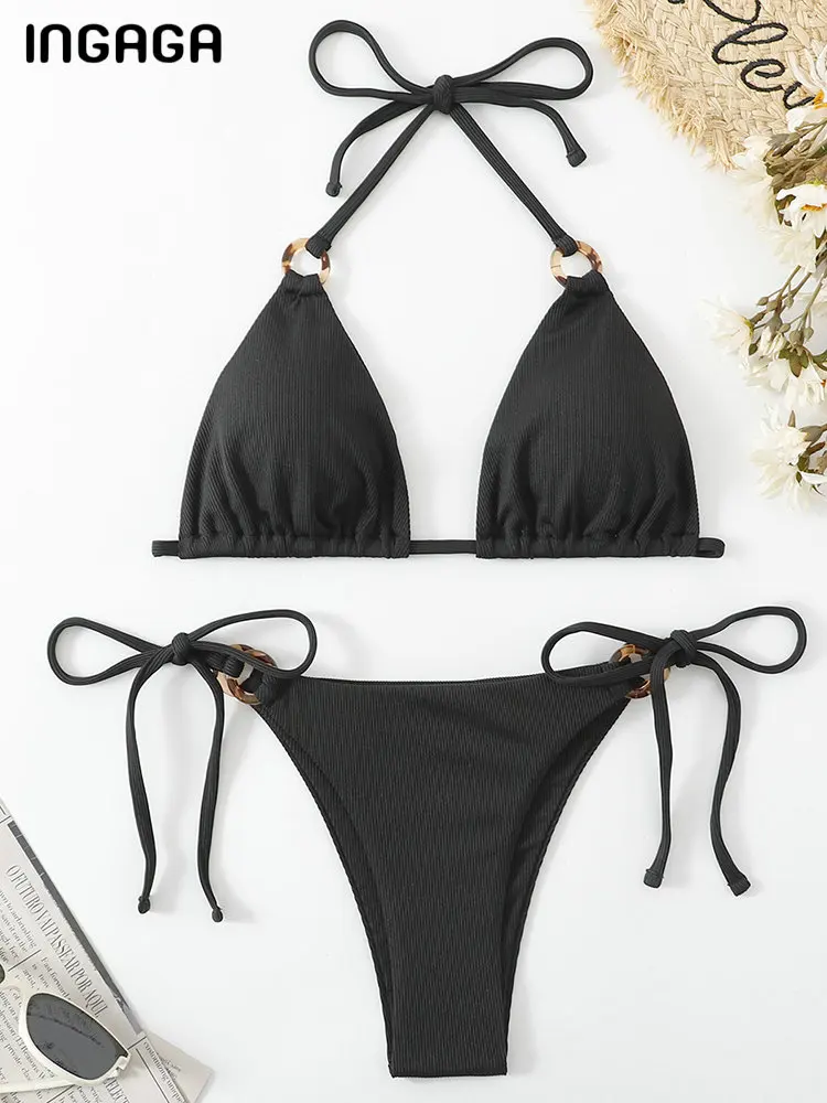 INGAGA Seksi Bikini 2023 Kadın Siyah Mayo kadın Mayo Yaz Beachwear Dize Mayo Yeni Nervürlü Biquini Seti