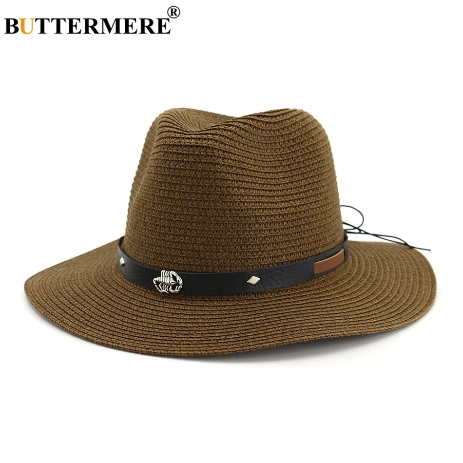 BUTTERMERE Caz Şapka Erkekler Kahve Plaj güneş şapkası Yaz Kemer Akrep Dekorasyon Açık Rahat Ayarlanabilir Erkek Panama Hasır Şapka