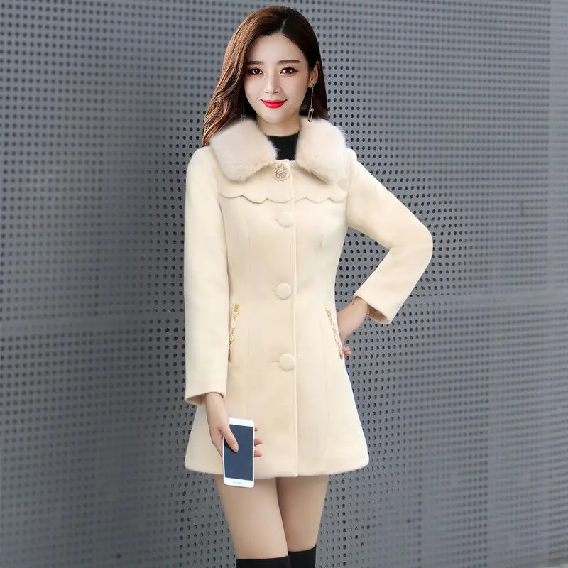 Yünlü Ceketler kadın Orta Uzunlukta Sonbahar Kış Yeni Stil Rüzgarlık Tarzı İnce Ceket Kadın Dış Giyim Kürk Yaka Palto