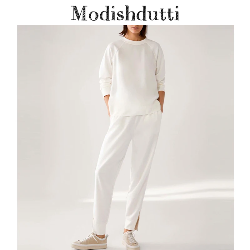 Modishdutti 2022 Kadın Moda Basit O-boyun Kazak Kazak + Pantolon Takım Elbise Kadın Düz Uzun Kollu Pantolon İki Parçalı Set