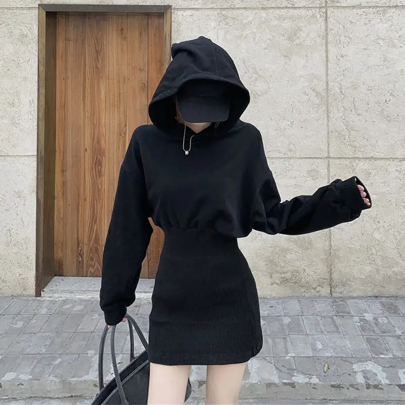 HOUZHOU Siyah Kapşonlu Mini Elbise Kadınlar Uzun Kollu Sonbahar Kış Rahat Kore Moda Elbiseler Yüksek Sokak Seksi Streetwear