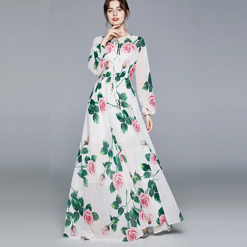 2021 Yeni Bahar Sonbahar Kadınlar Lüks Pist Elbise Yüksek Kalite Muhteşem Retro Gül Çiçek Baskı Büyük Hem Şifon uzun elbise