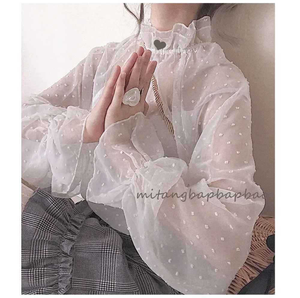 Japon dalga noktası nazik tatlı lolita gömlek şeffaf dantel kawaii kız günlük victoria gömlek gotik lolita üst loli cos